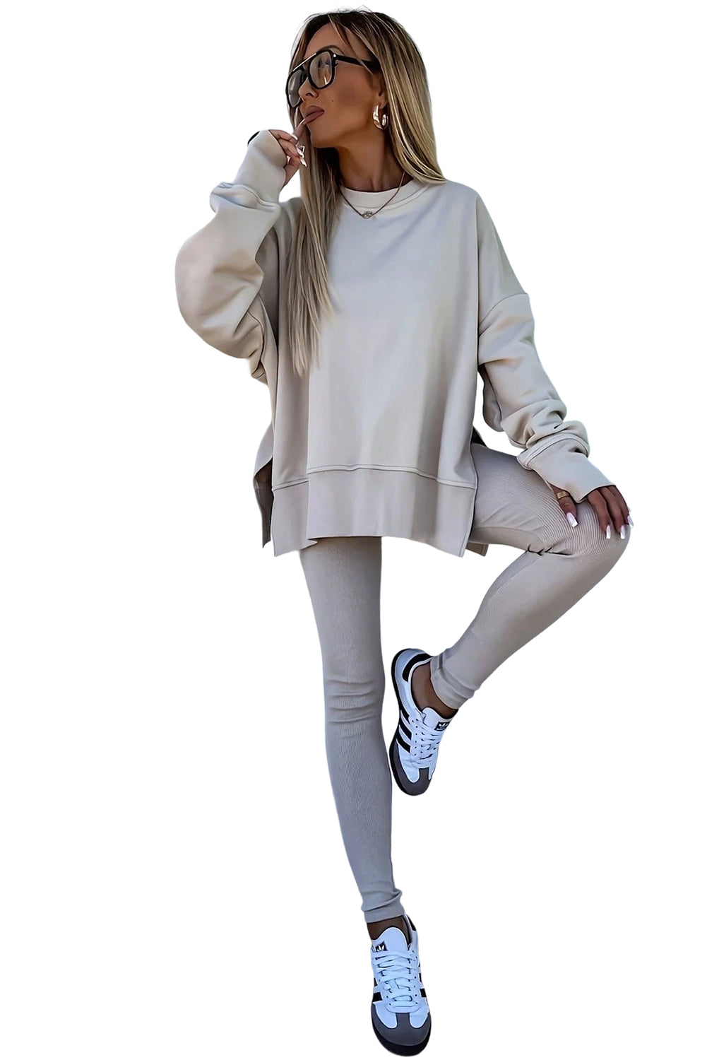 Jet Stream Solid Color Oversize Slit Sweatshirt Ribbed Leggings Set - LODIMAE FASHION 