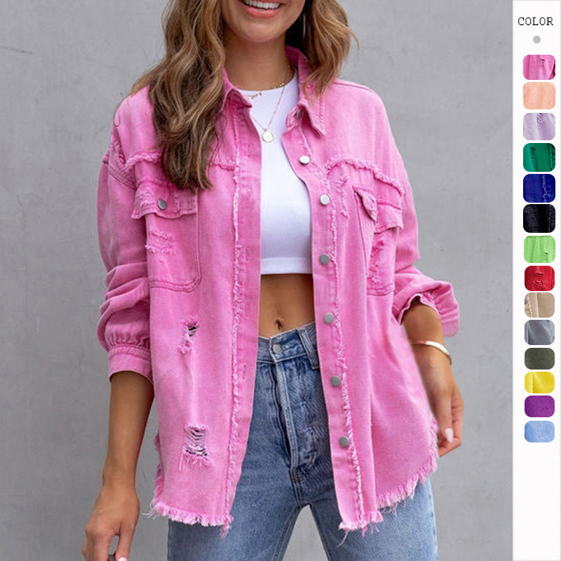 Fashion Ripped Shirt Jacket Female Autumn And Spring Casual Tops Womens Clothing - LODIMAE FASHION 