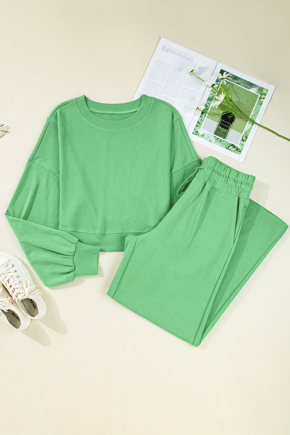 Bright Green Drop Shoulder Crop Pullover Drawstring Wide Leg Pants Set - LODIMAE FASHION 