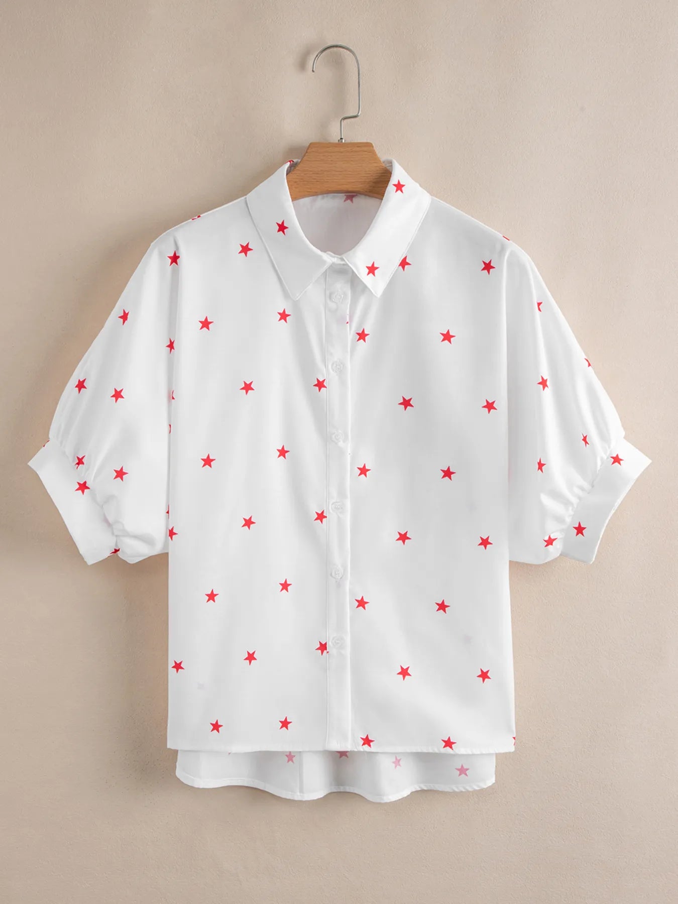 Star Print Puff Sleeve Button-Up Shirt - LODIMAE FASHION 