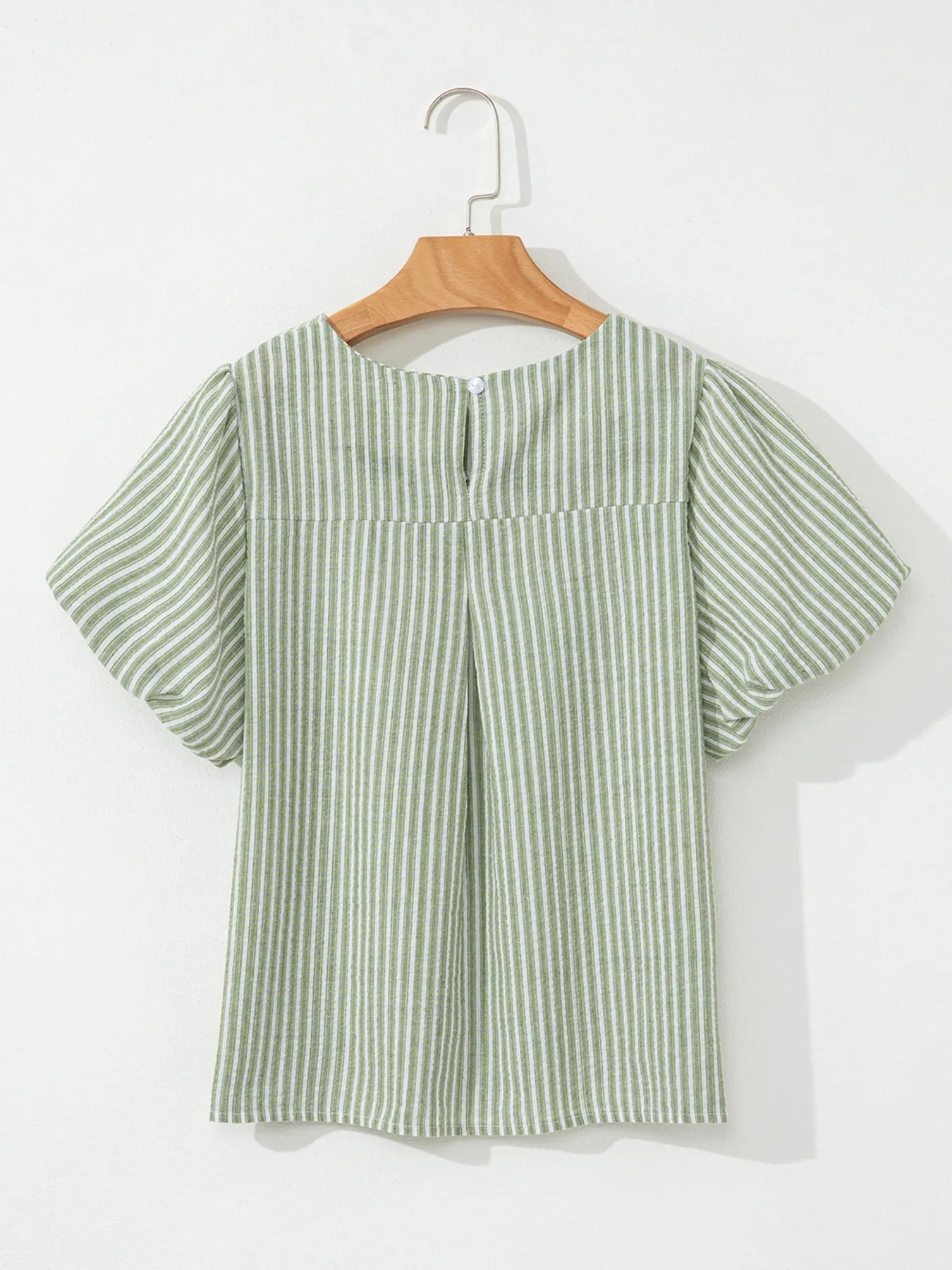 Stripe Textured Round Neck Short Puff Sleeve Blouse - LODIMAE FASHION 