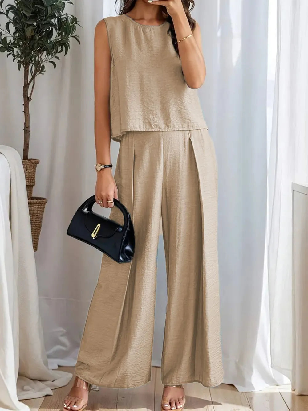 Round Neck Sleeveless Top and Wide Leg Pants Set - LODIMAE FASHION 
