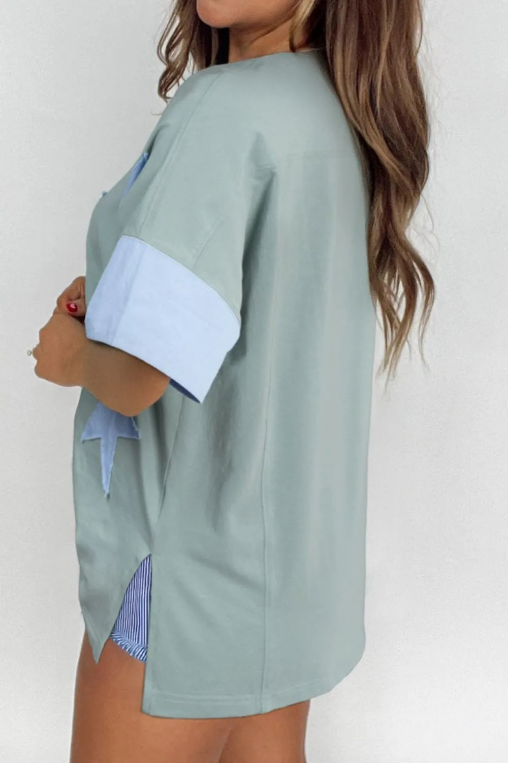 Frayed Denim Star Patched Oversize T Shirt - LODIMAE FASHION 