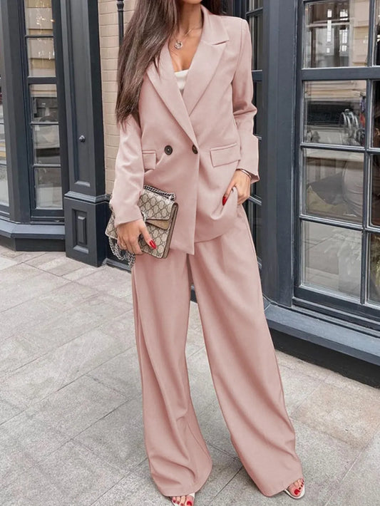 Buttoned Lapel Collar Long Sleeve Blazer and Pants Set - LODIMAE FASHION 