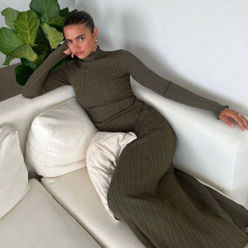 Long Sleeve Knitted Wooden Ear Turtleneck Waist-controlled Slim Fit Slimming Dress - LODIMAE FASHION 