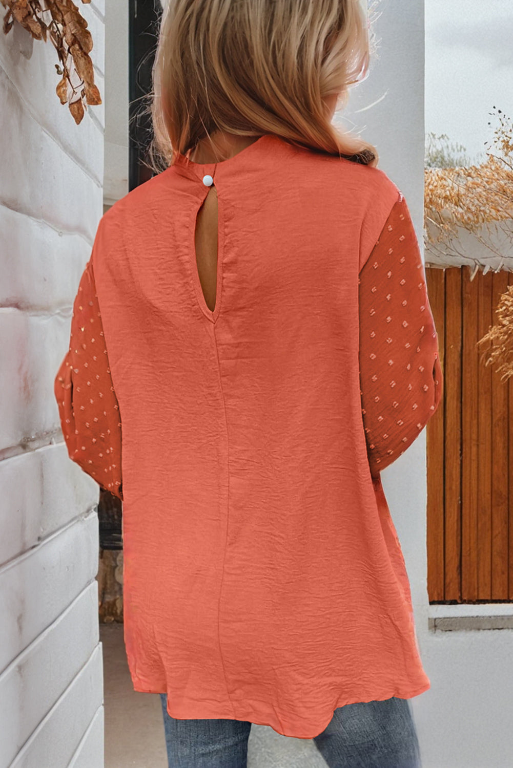 Russet Orange Swiss Dot Balloon Sleeve Patchwork Crinkle Blouse - LODIMAE FASHION 