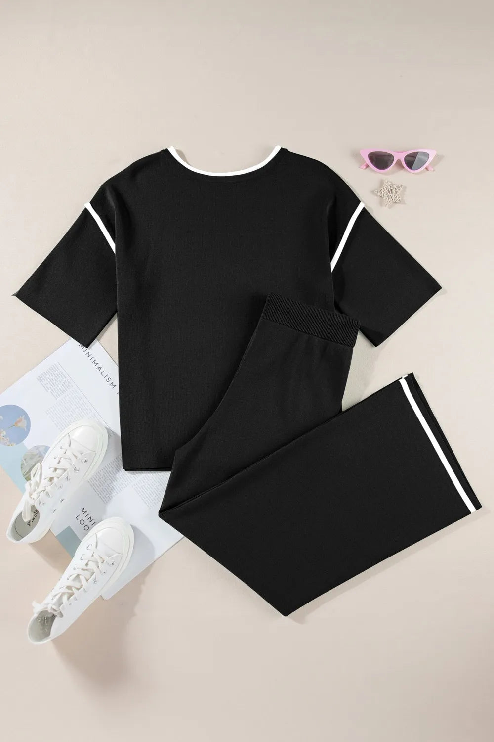 Contrast Trim Round Neck Top and Pants Set - LODIMAE FASHION 