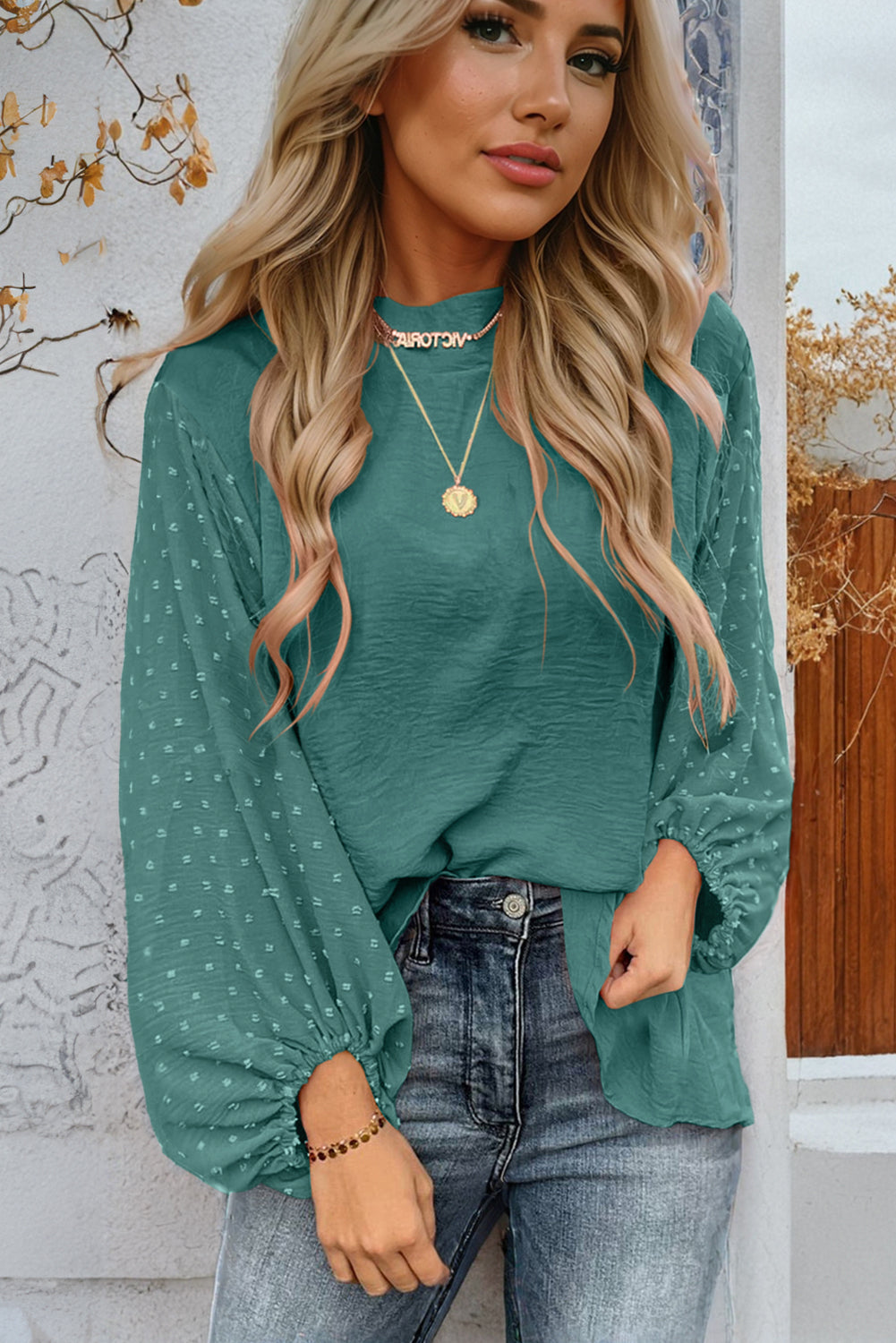 Russet Orange Swiss Dot Balloon Sleeve Patchwork Crinkle Blouse - LODIMAE FASHION 