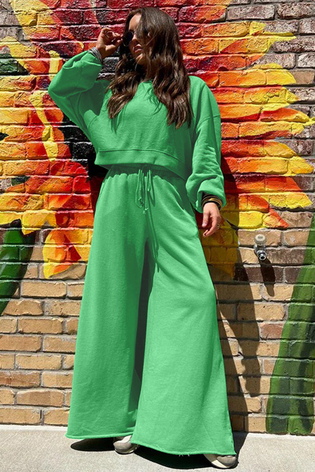Bright Green Drop Shoulder Crop Pullover Drawstring Wide Leg Pants Set - LODIMAE FASHION 