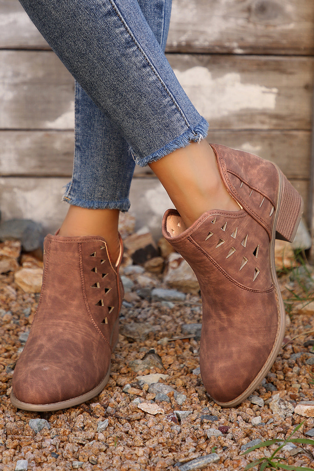 Cut Out Suede Pointed Toe Heeled Ankle Boots - LODIMAE FASHION 