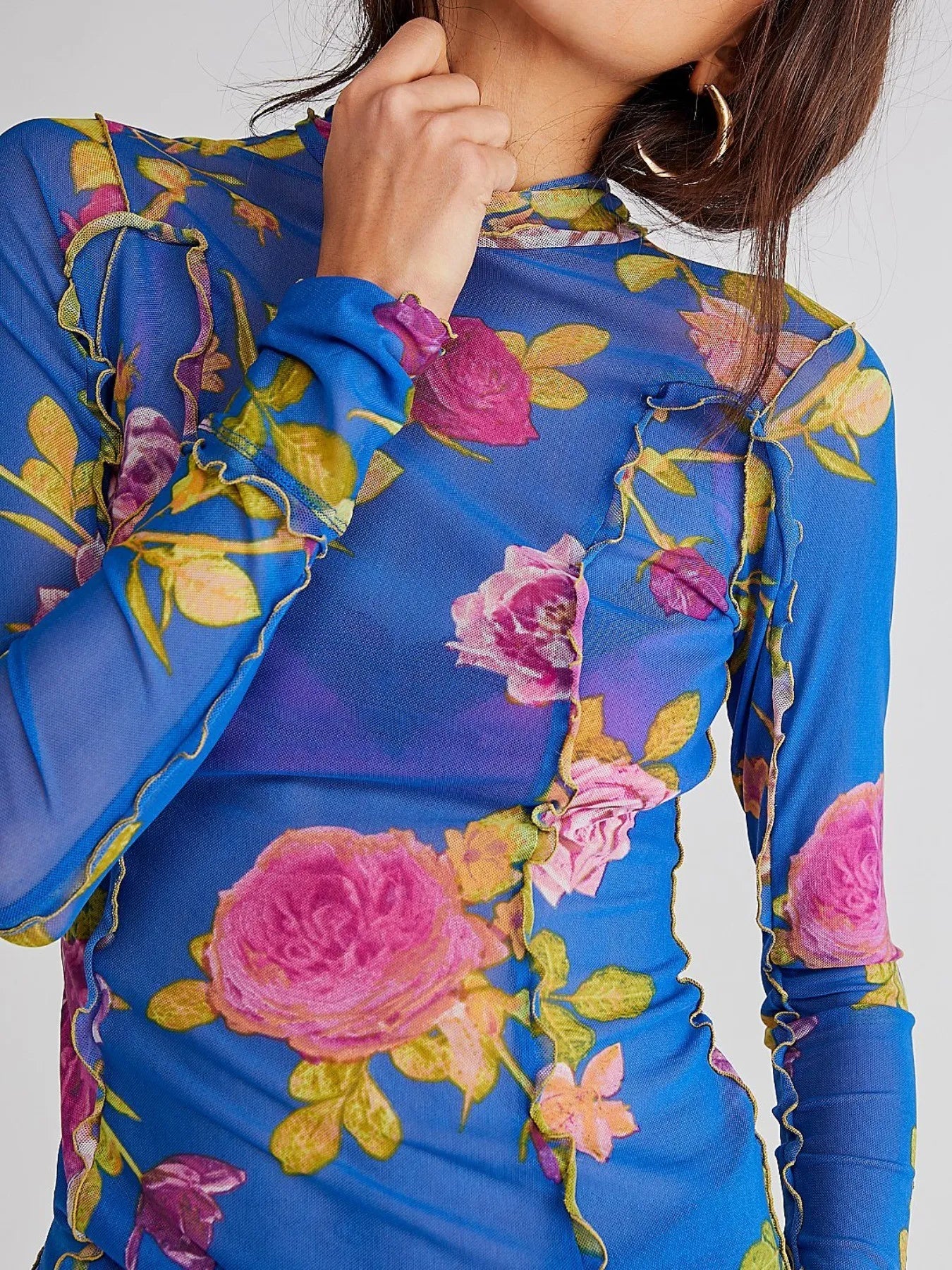 Floral Print Mock Neck Long Sleeve Top - LODIMAE FASHION 