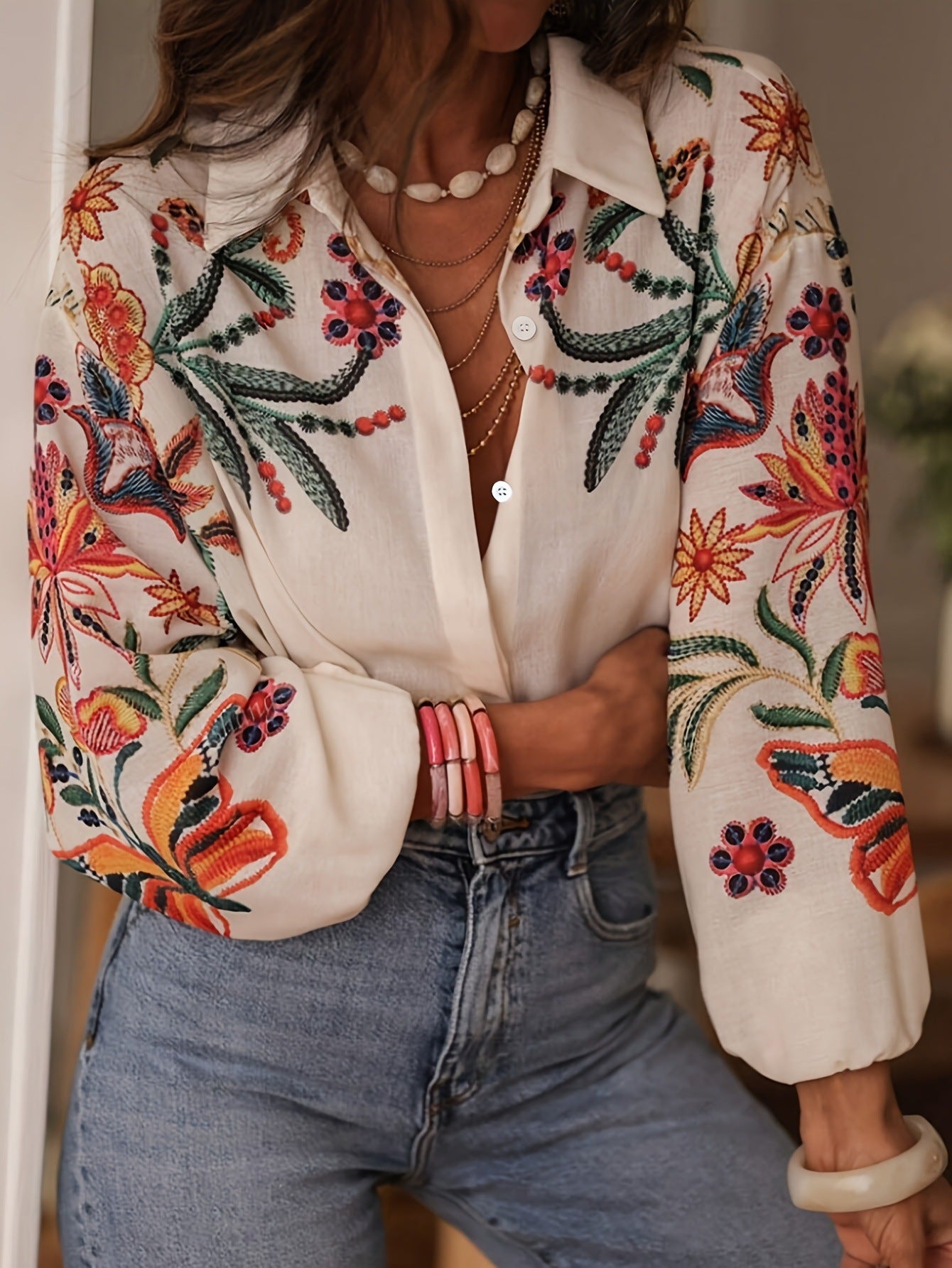 Loose Long Sleeve Printed Shirt Top - LODIMAE FASHION 
