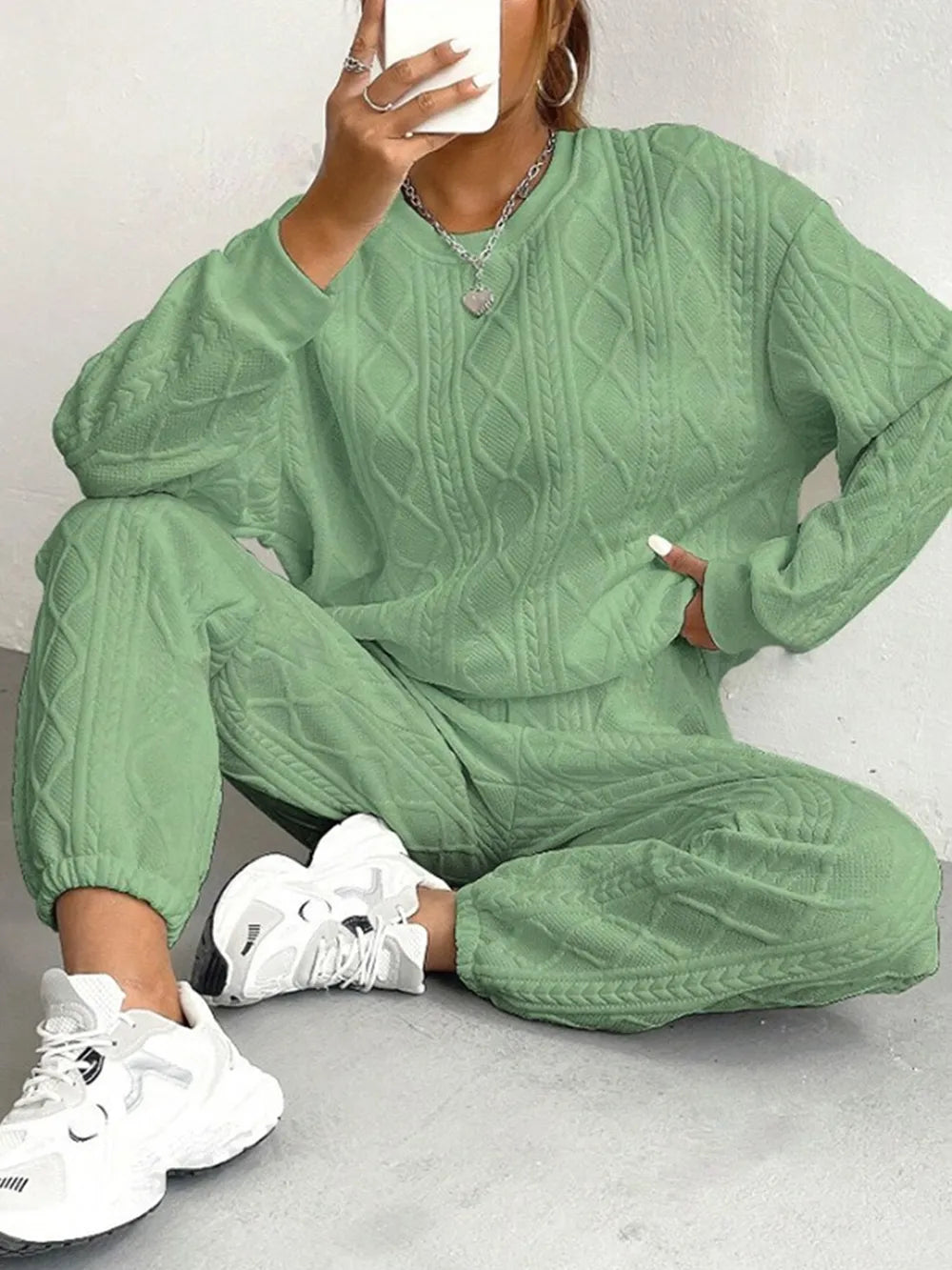 Texture Round Neck Top and Pants Set - LODIMAE FASHION 