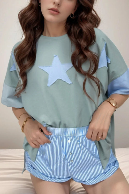 Frayed Denim Star Patched Oversize T Shirt - LODIMAE FASHION 