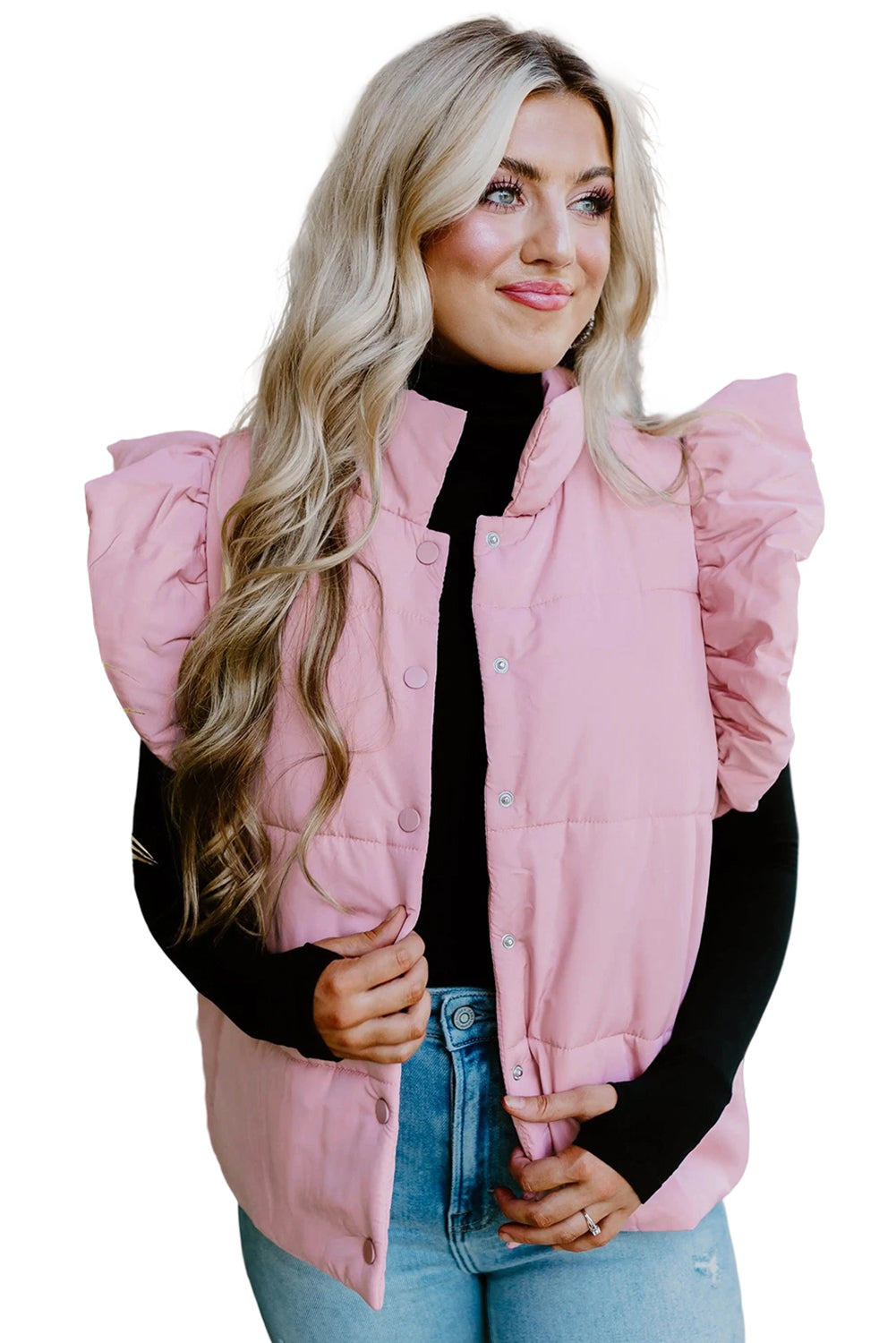 Pink Stand Neck Flutter Sleeve Snap Button Puffer Vest - LODIMAE FASHION 
