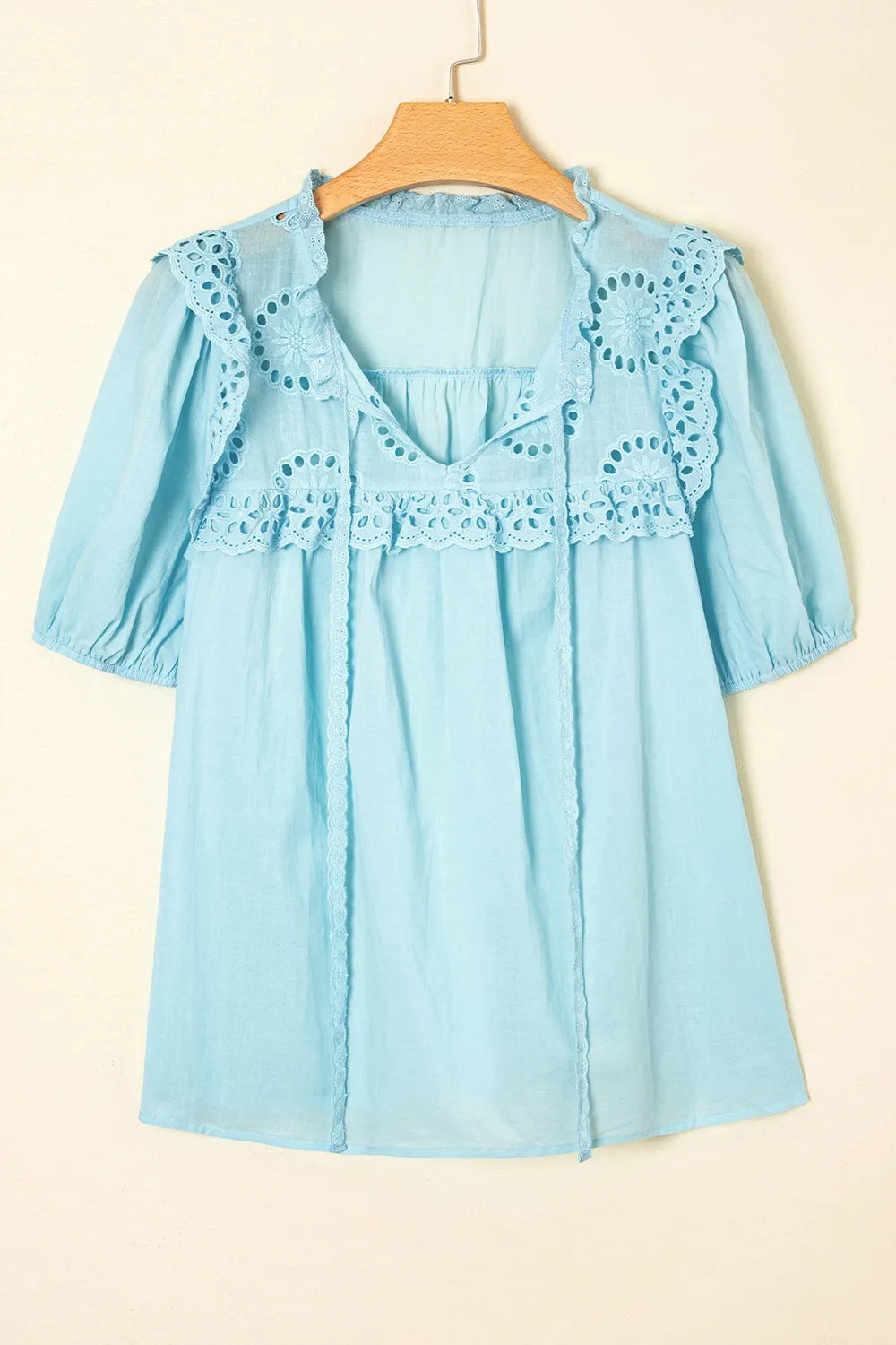 Eyelet Lace Trim Puff Sleeve Blouse - LODIMAE FASHION 
