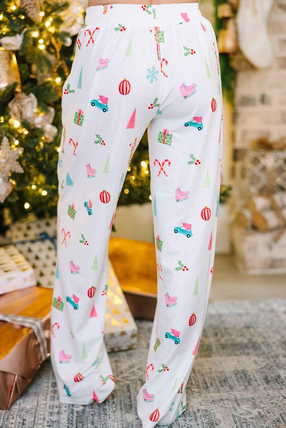 White Christmas Print Lapel Shirt and Pants Pajama Set - LODIMAE FASHION 