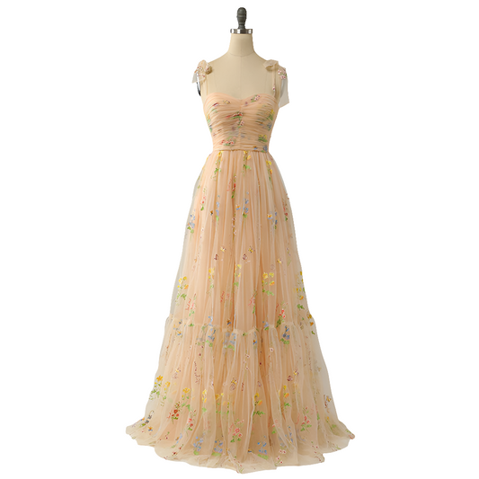 Long Niche Strap Embroidered Heavy Work Floral Dress - LODIMAE FASHION 
