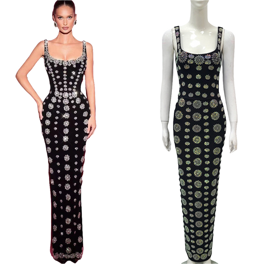 Black Sleeveless U-neck Rhinestone Elegant Slim Bandage DressEvening Dress - LODIMAE FASHION 