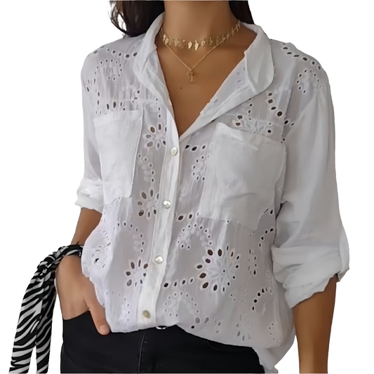 Women's Casual Hollow-out Design Pocket Long Sleeve Button-down Shirt - LODIMAE FASHION 
