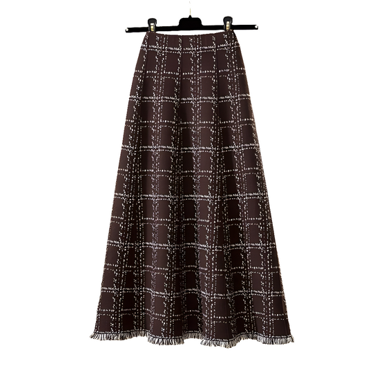 Fringed checkered skirt for women, high-waisted umbrella skirt for autumn and winter, elegant mid-length A-line knitted large hem skirt, versatile and slimming - LODIMAE FASHION 