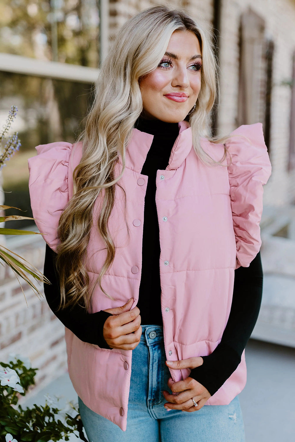 Pink Stand Neck Flutter Sleeve Snap Button Puffer Vest - LODIMAE FASHION 