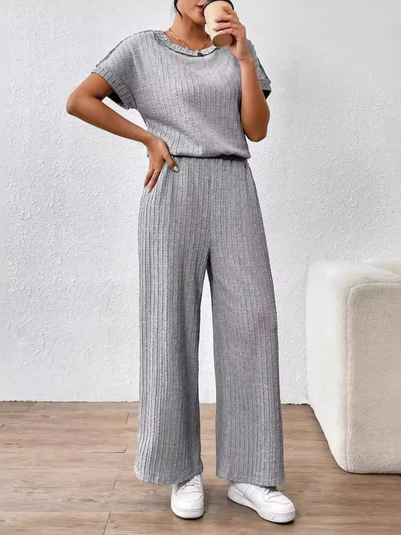 Round Neck Short Sleeve Top and Pants Set - LODIMAE FASHION 