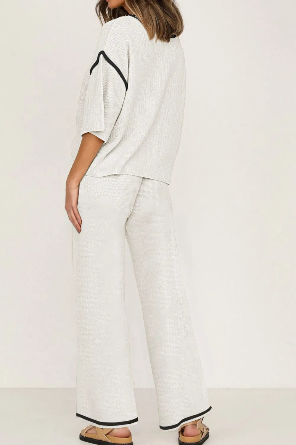 Contrast Trim Round Neck Top and Pants Set - LODIMAE FASHION 