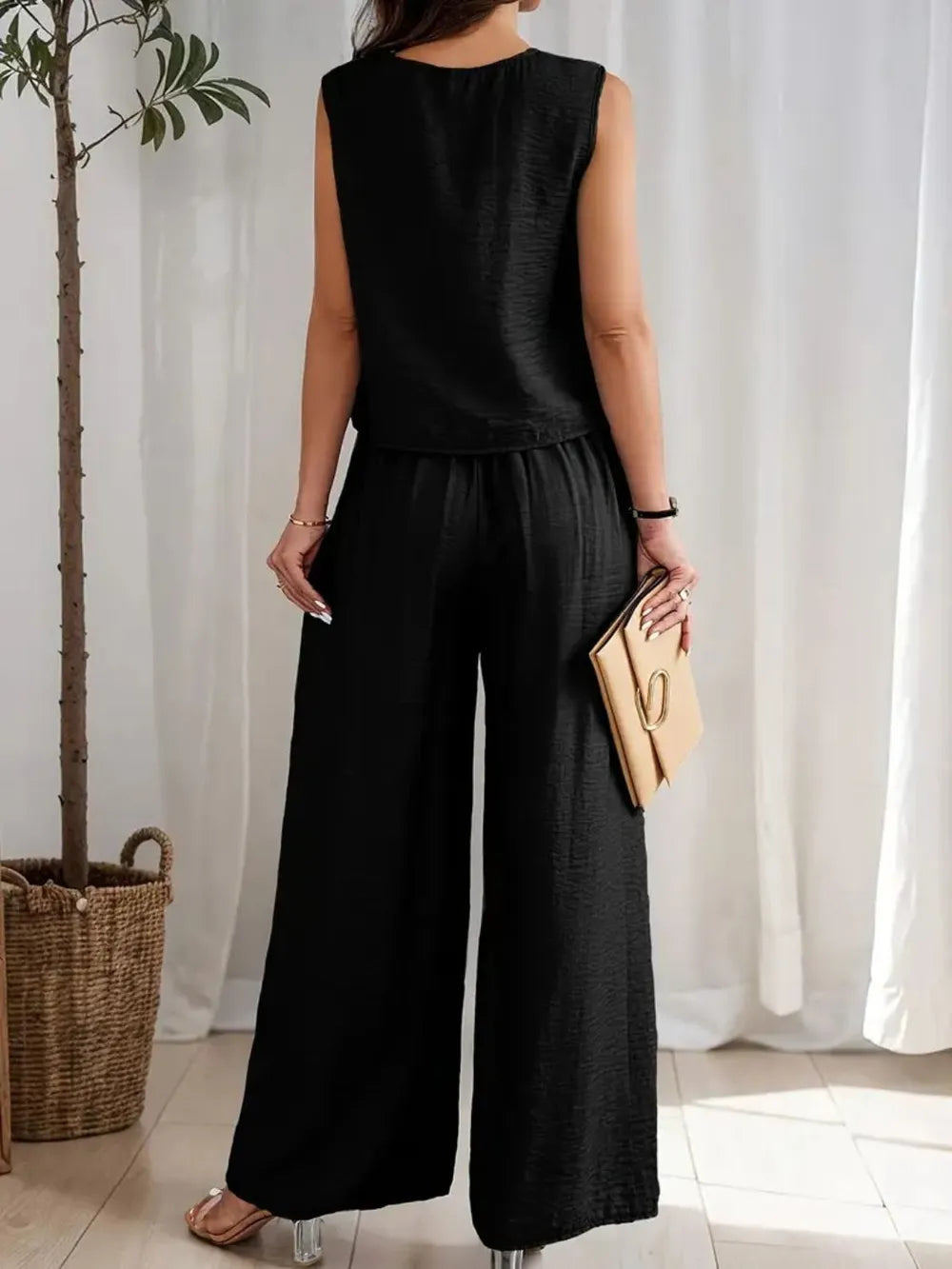 Round Neck Sleeveless Top and Wide Leg Pants Set - LODIMAE FASHION 