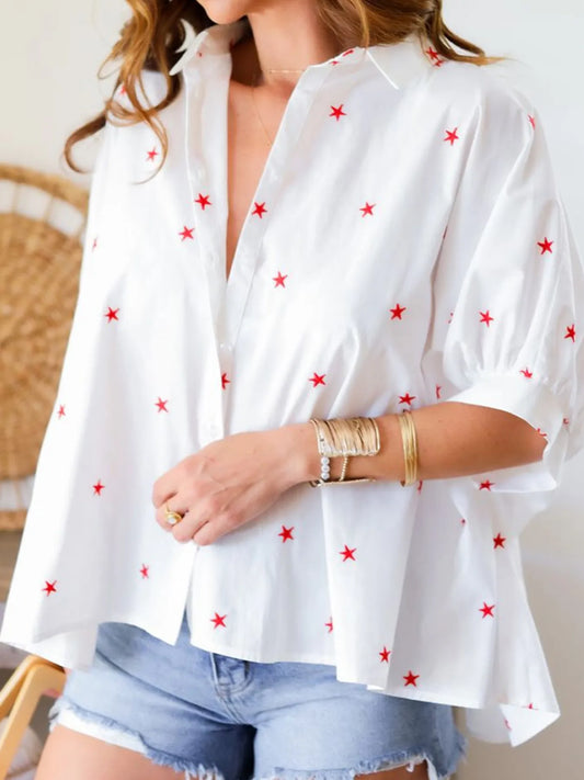 Star Print Puff Sleeve Button-Up Shirt - LODIMAE FASHION 