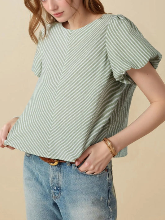 Stripe Textured Round Neck Short Puff Sleeve Blouse - LODIMAE FASHION 