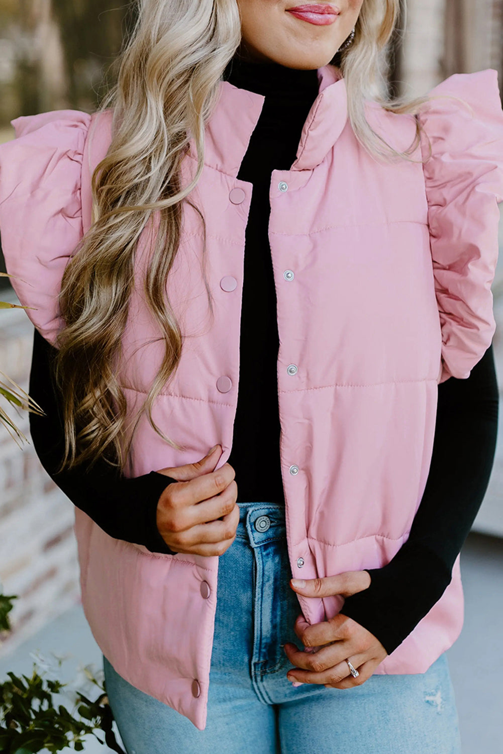 Pink Stand Neck Flutter Sleeve Snap Button Puffer Vest - LODIMAE FASHION 