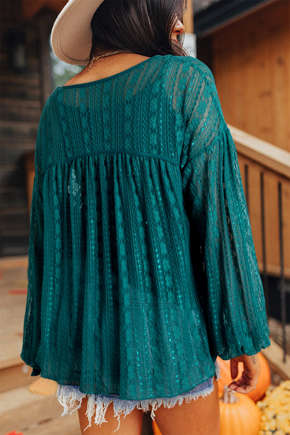 Evergreen Sheer Lace Balloon Sleeve Babydoll Blouse - LODIMAE FASHION 