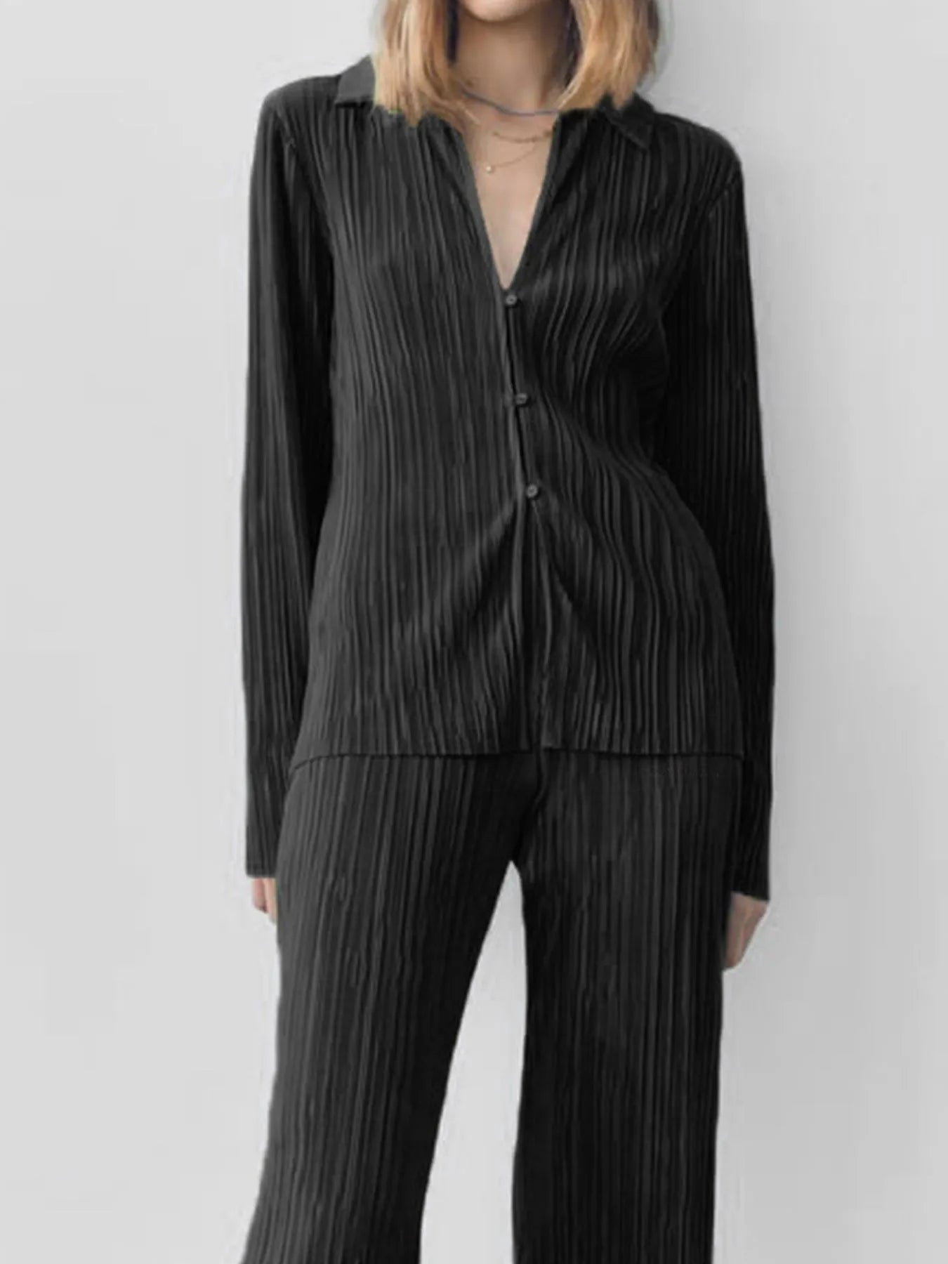 Texture Long Sleeve Top and Pants Lounge Set - LODIMAE FASHION 