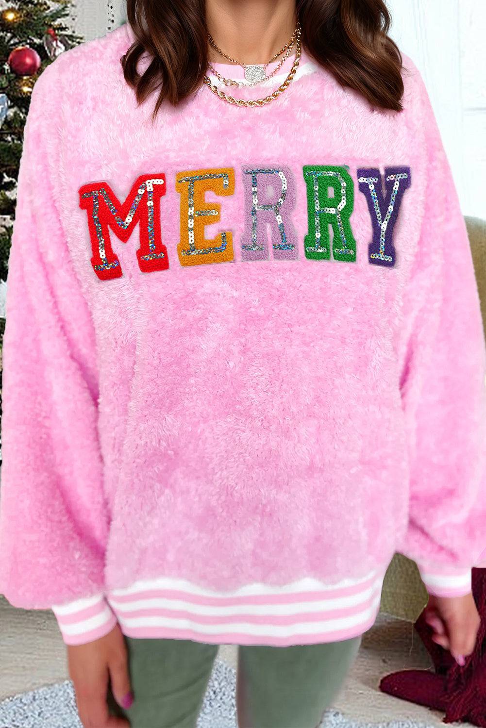 Sachet Pink Merry Letter Pattern Plush Pullover - LODIMAE FASHION 