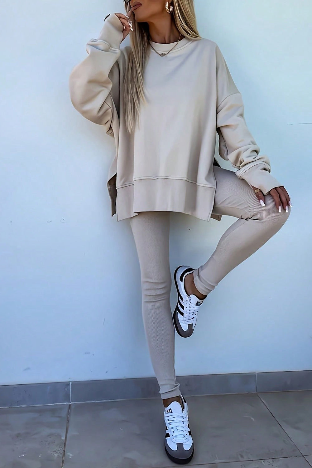Jet Stream Solid Color Oversize Slit Sweatshirt Ribbed Leggings Set - LODIMAE FASHION 
