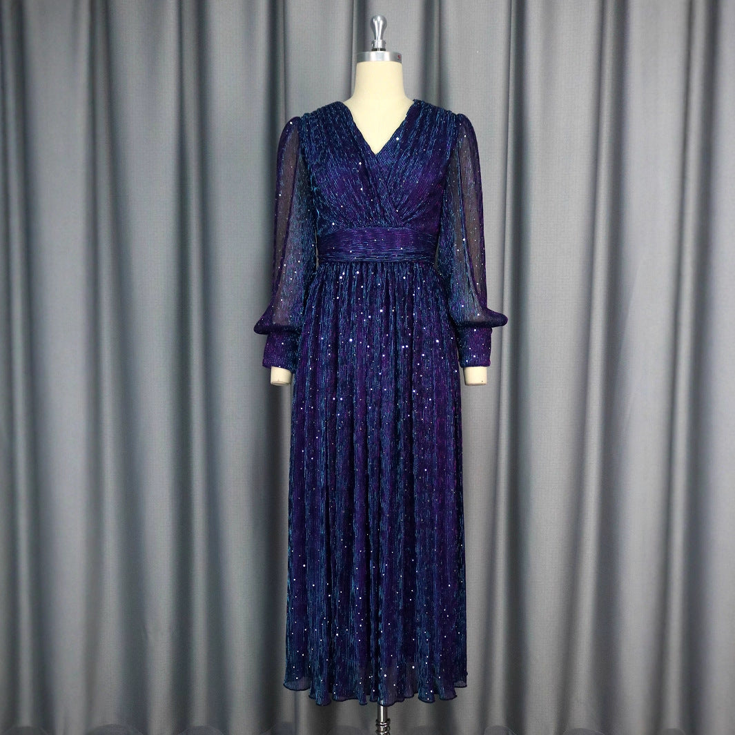Sexy V-neck Sequined Long Sleeve Dress Purple Slim Fit - LODIMAE FASHION 