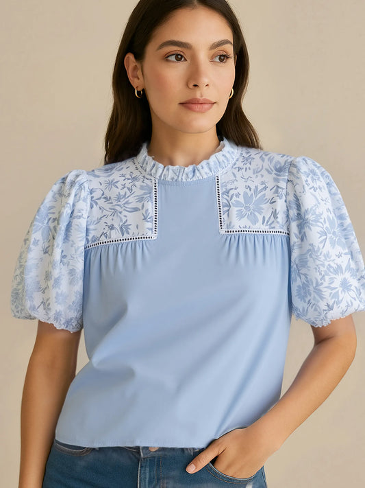 Lace Insert Floral Puff Sleeve Patchwork Loose Blouse - LODIMAE FASHION 