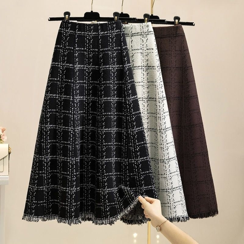 Fringed checkered skirt for women, high-waisted umbrella skirt for autumn and winter, elegant mid-length A-line knitted large hem skirt, versatile and slimming - LODIMAE FASHION 