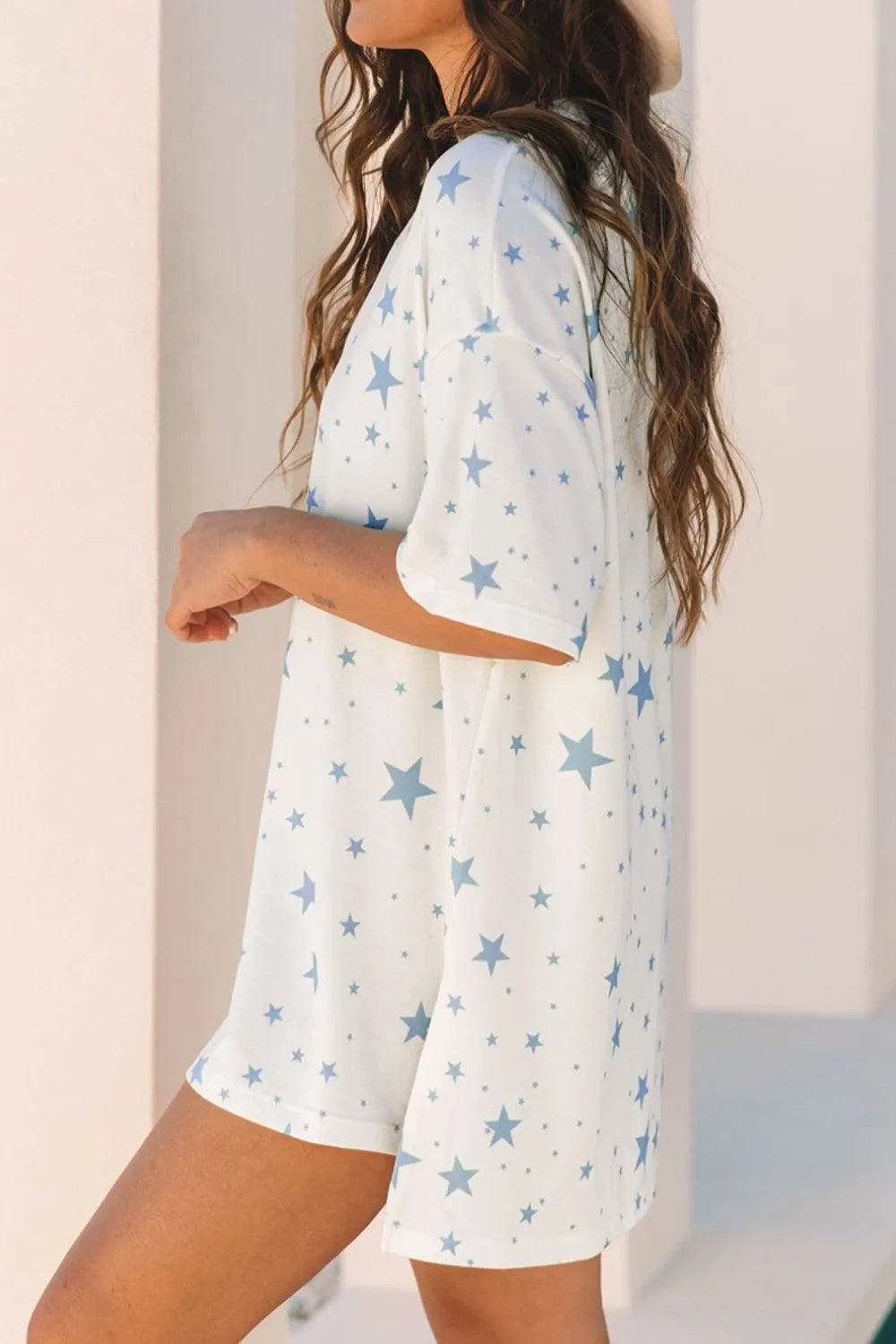 Stars Print Drop Shoulder Oversized T Shirt with Slits - LODIMAE FASHION 