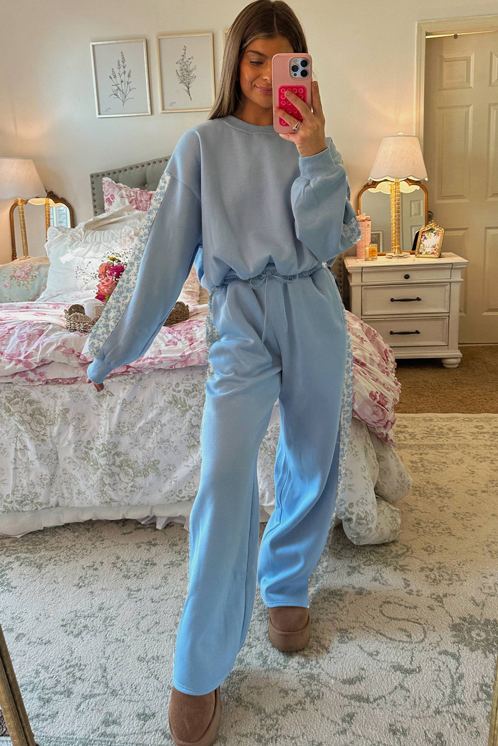 Floral Patchwork Pullover and Sweatpants Lounge Set - LODIMAE FASHION 