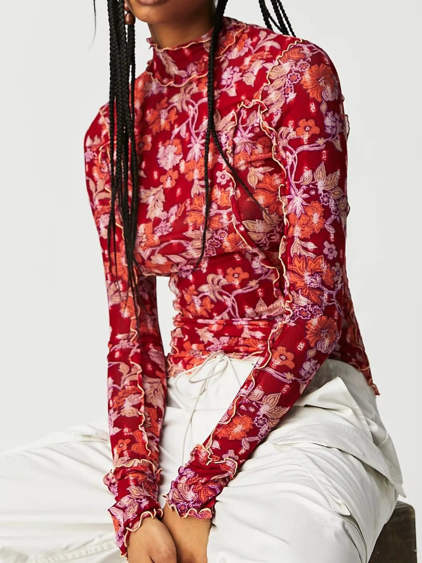 Floral Print Mock Neck Long Sleeve Top - LODIMAE FASHION 