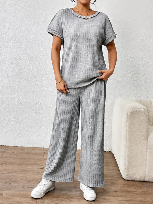 Round Neck Short Sleeve Top and Pants Set - LODIMAE FASHION 