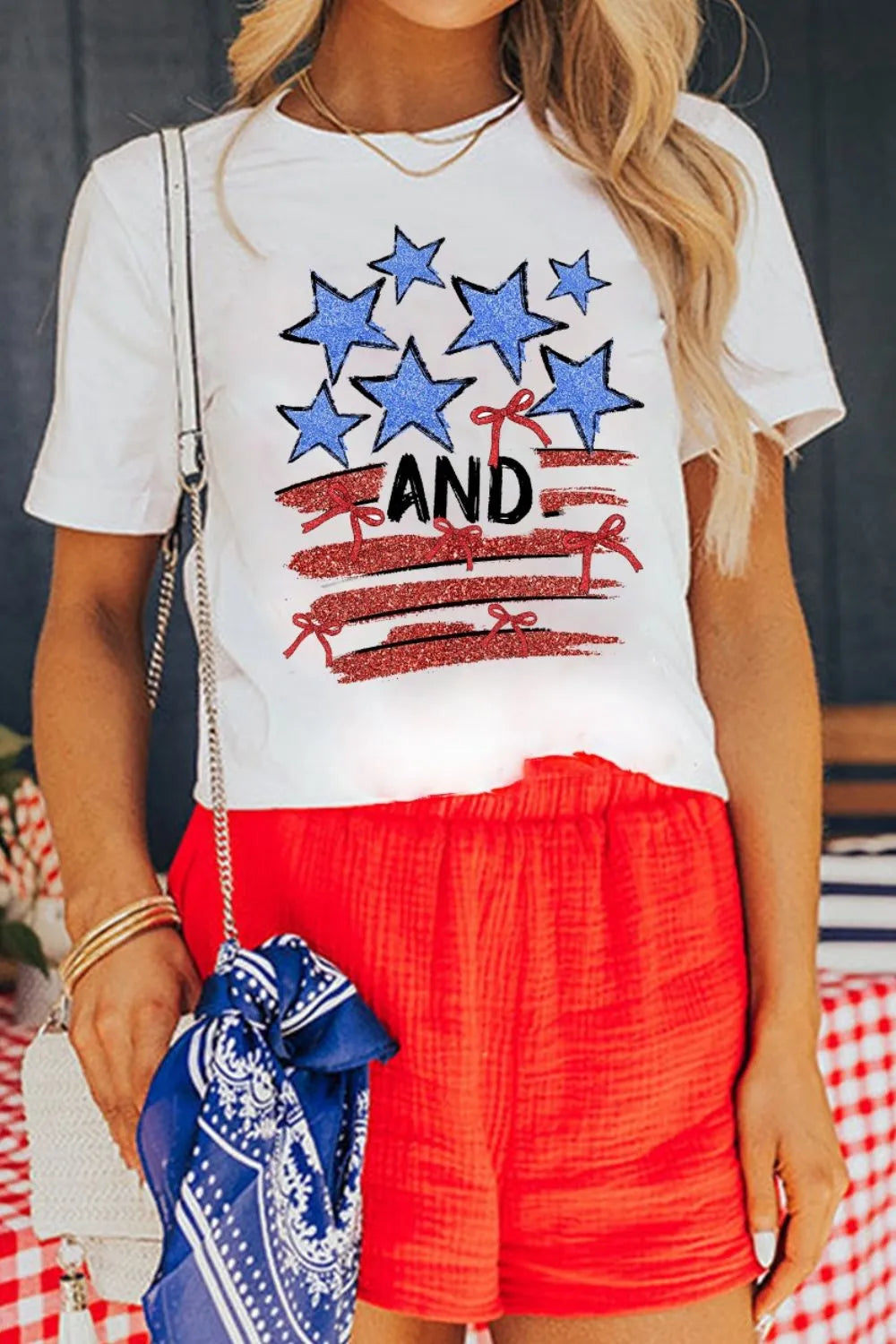 Stars and Stripes Bow Graphic T Shirt - LODIMAE FASHION 