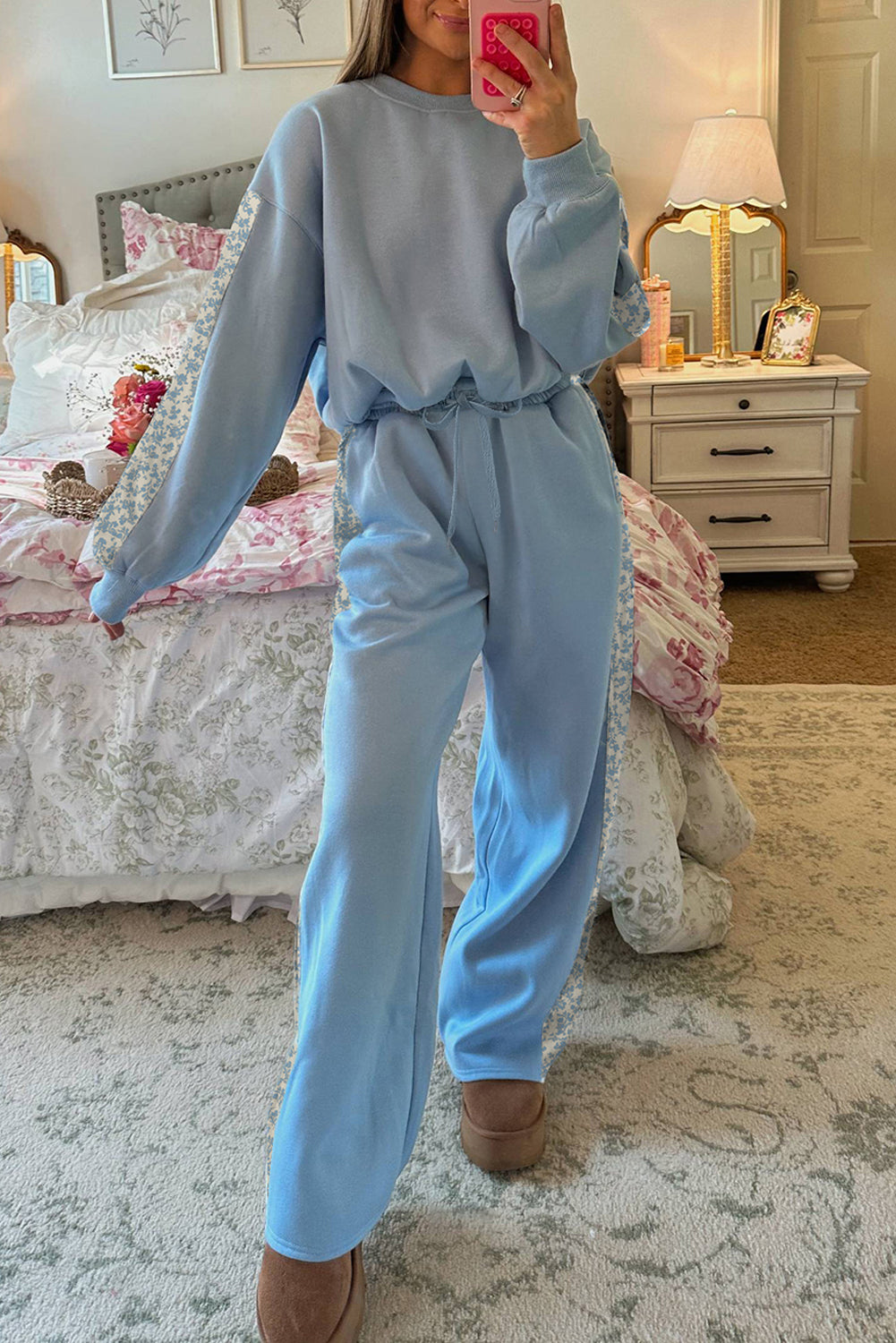Floral Patchwork Pullover and Sweatpants Lounge Set - LODIMAE FASHION 