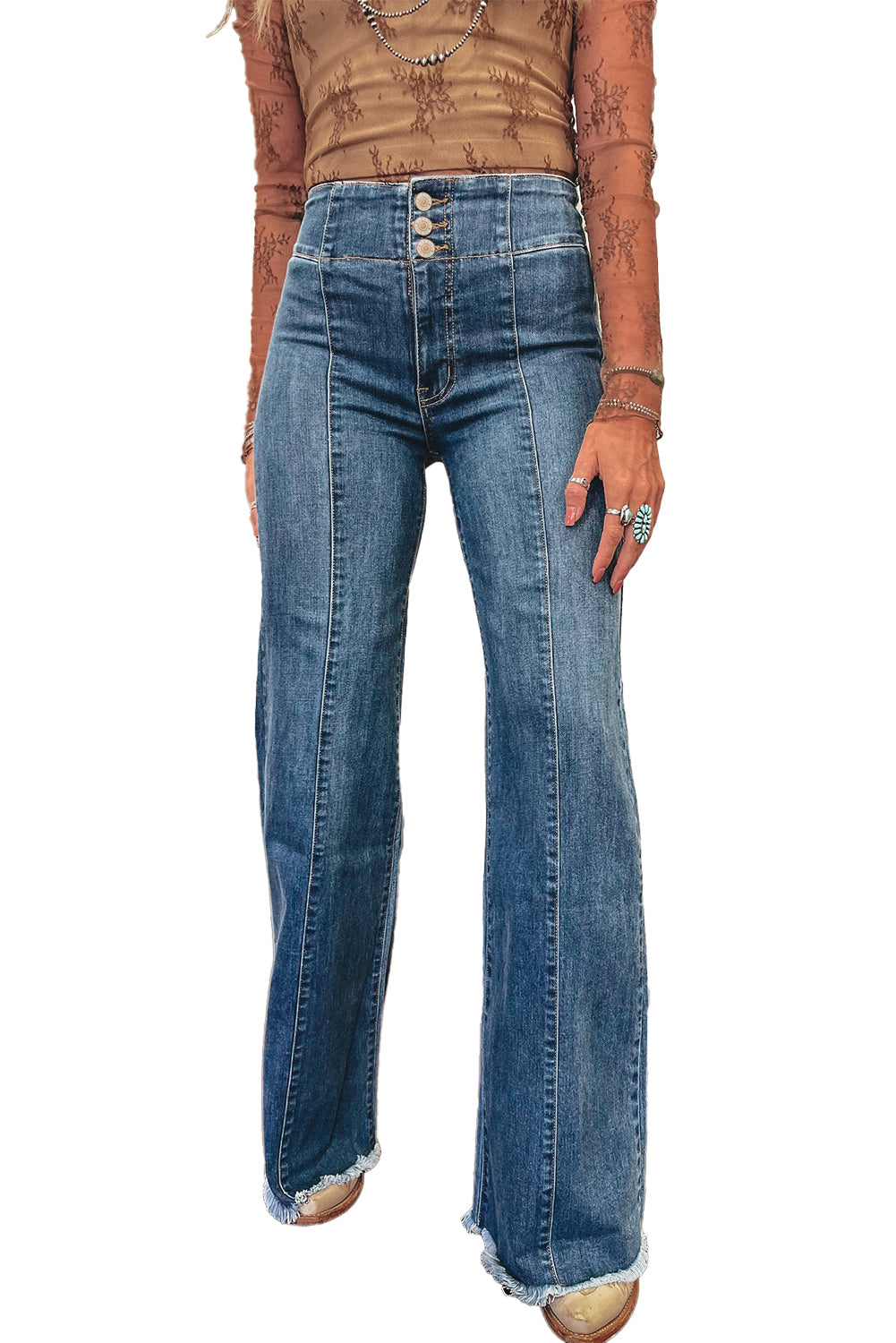 Sail Blue High Waist Button Raw Hem Jeans - LODIMAE FASHION 