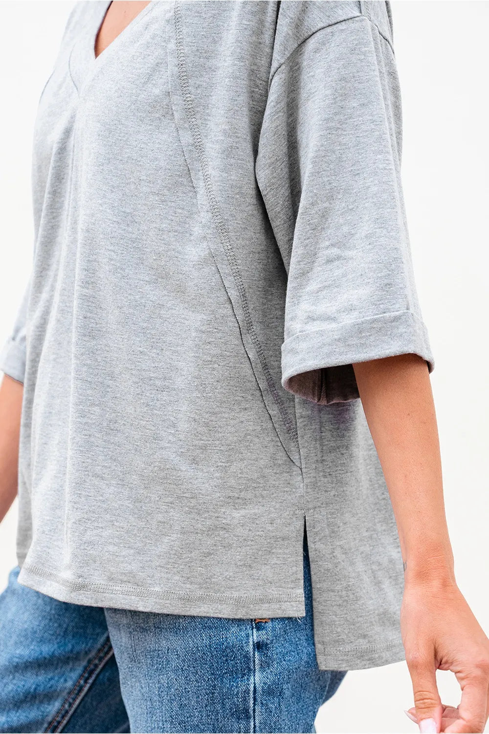 High Raglan Half Sleeve V Neck Oversized T Shirt - LODIMAE FASHION 