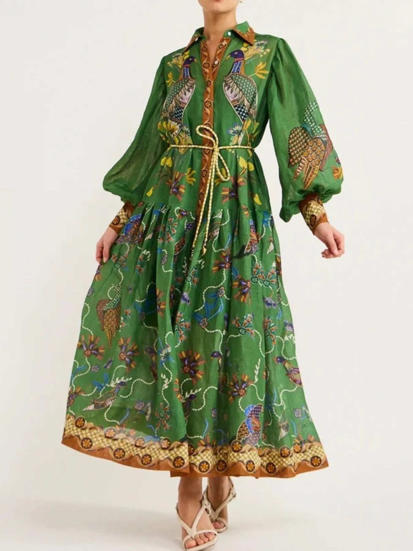 Printed Lantern Sleeve Maxi Shirt Dress - LODIMAE FASHION 