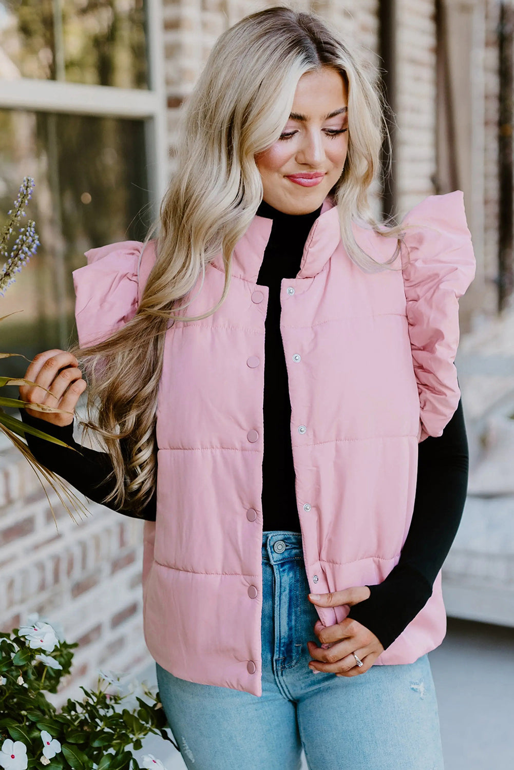 Pink Stand Neck Flutter Sleeve Snap Button Puffer Vest - LODIMAE FASHION 