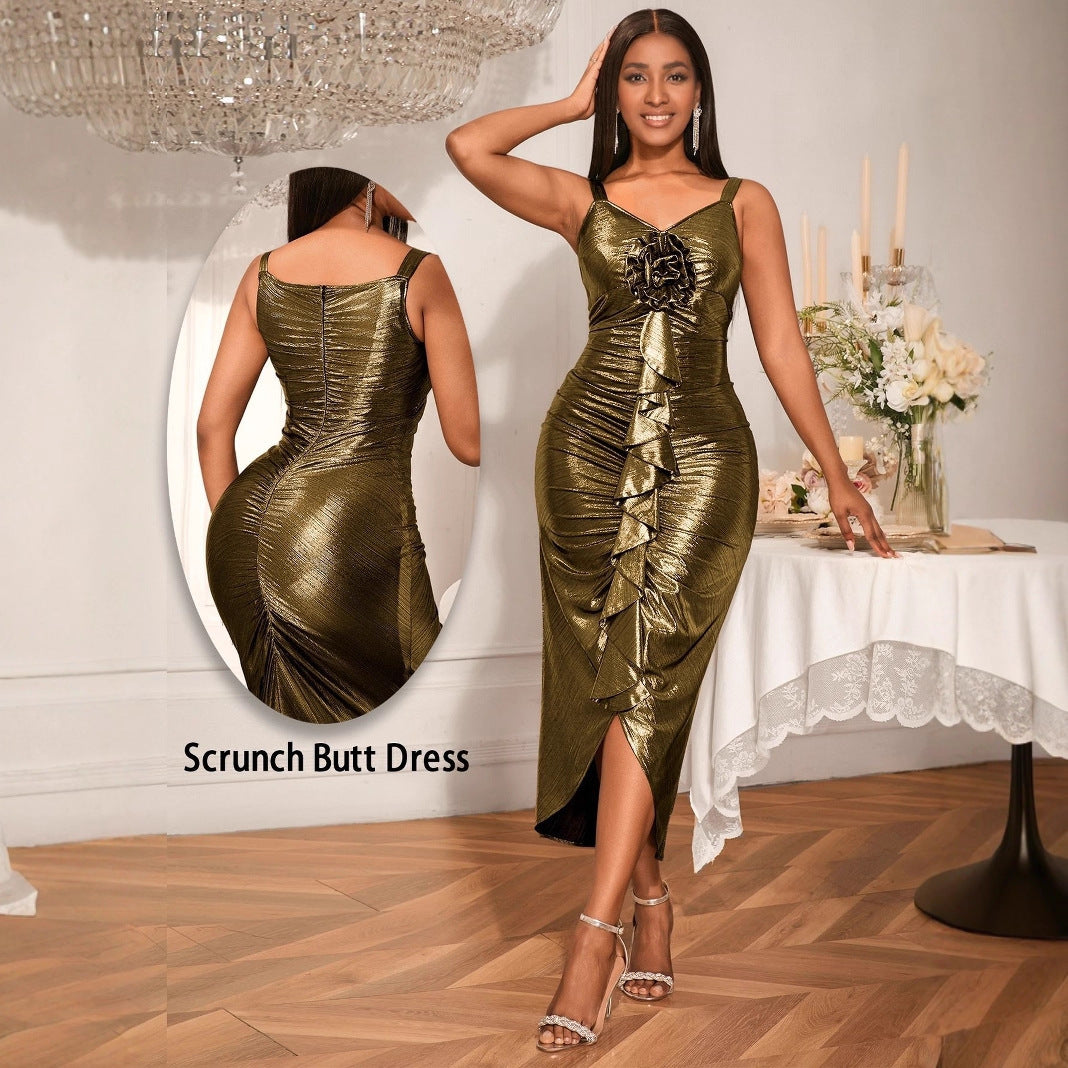 Female Solid Color Summer Sling Golden Party Dress - LODIMAE FASHION 